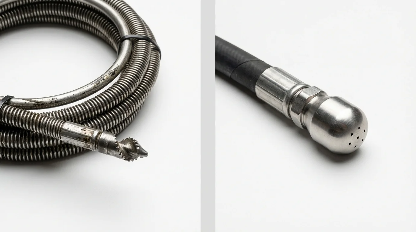 Drain snake cable and hydro jetting nozzle used for drain cleaning in Plymouth, MA