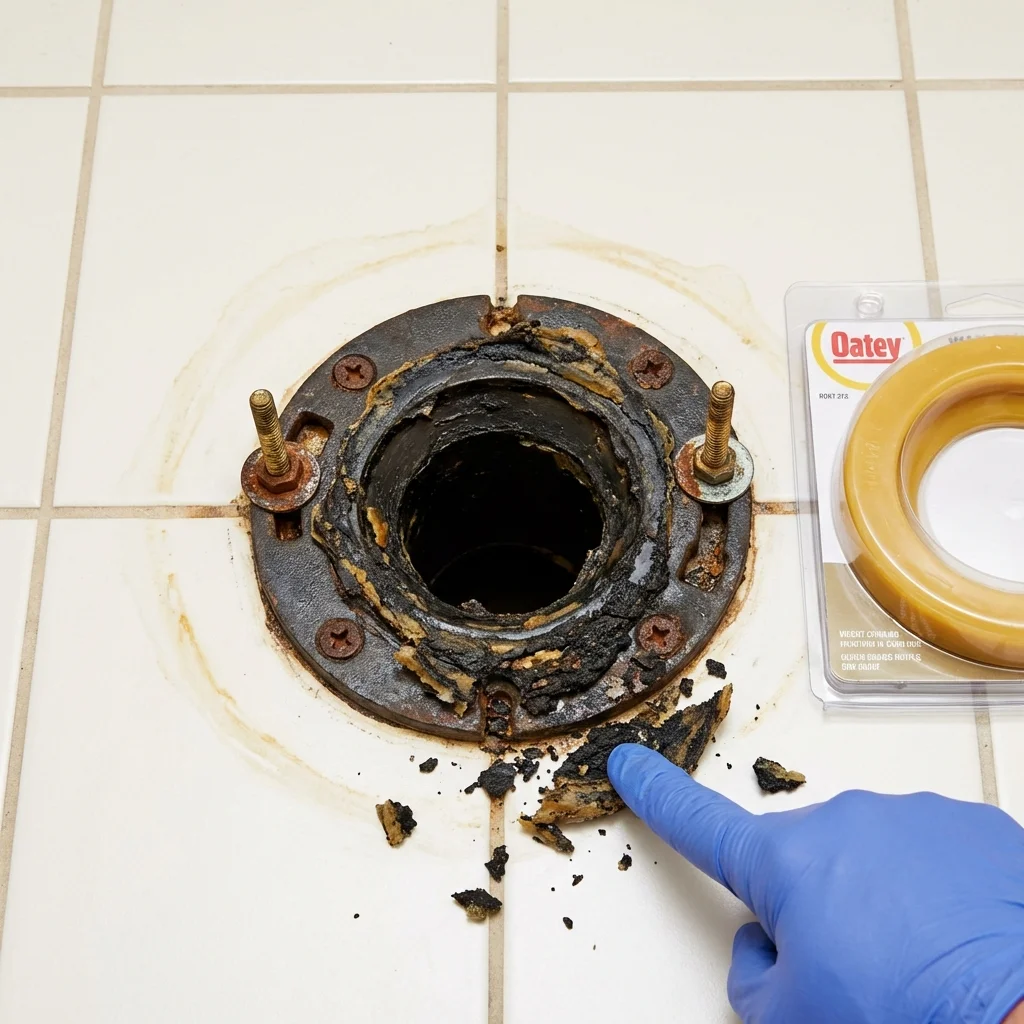 Failed wax ring showing water seepage at the base of a toilet in a Plymouth, MA home