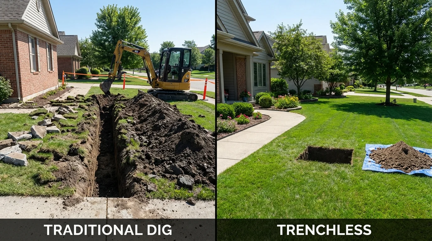 Trenchless sewer repair with minimal yard damage versus traditional excavation in Plymouth, MA