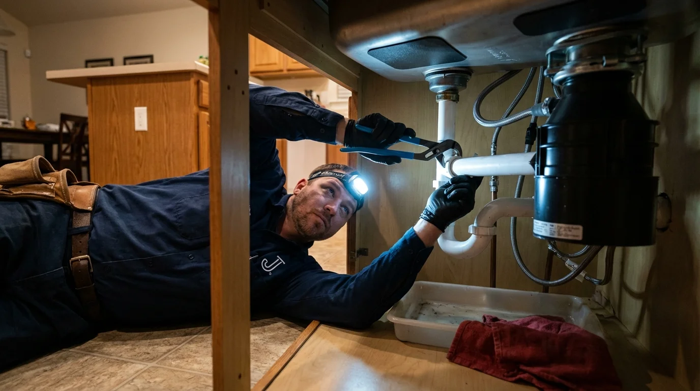 P-trap and supply line connections under a kitchen sink showing a common leak point in Plymouth, MA